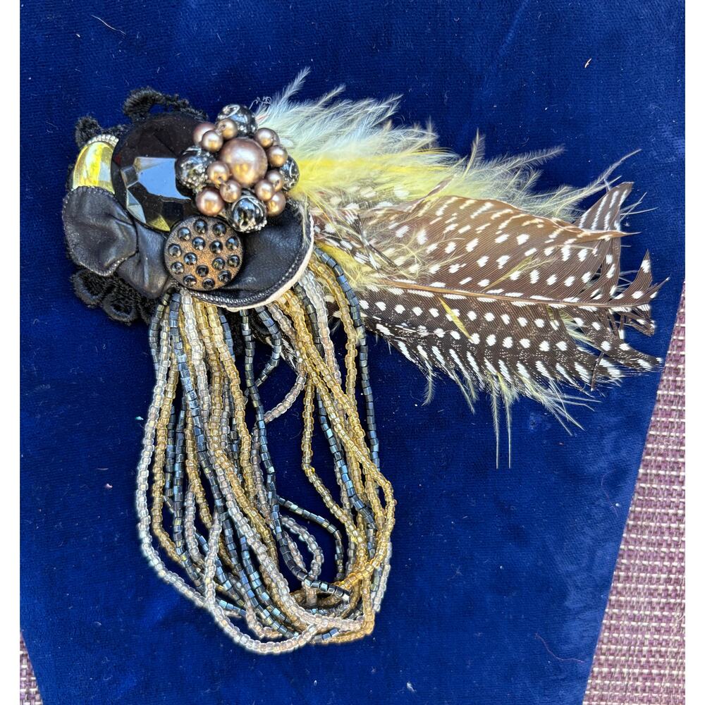 Vintage Black Yellow Rhinestone Beads Feathers Custom Made Brooch 5.5" x 5"